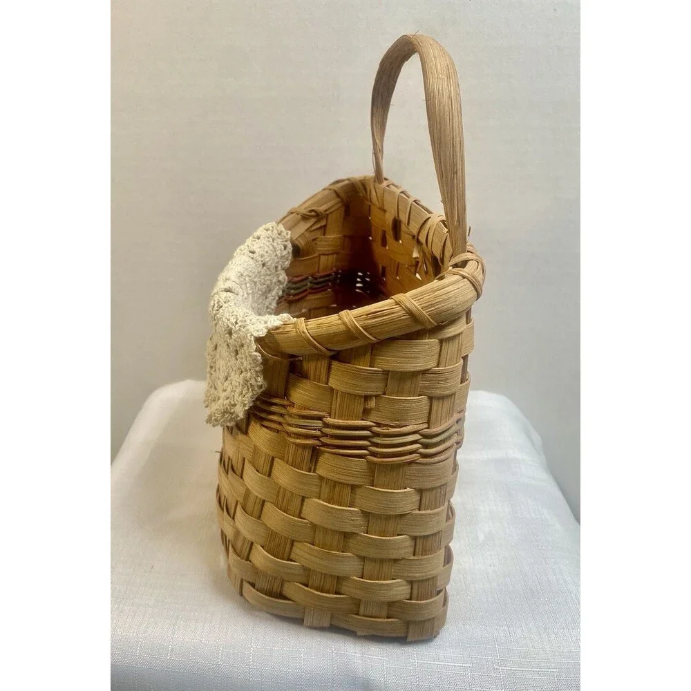 Vintage Wicker Wall Basket Hanging Pocket w Doily Cottagecore Decor Country 10”